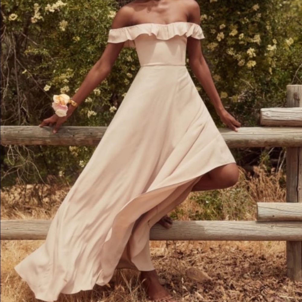 NWT REFORMATION VERBENA OFF THE SHOULDER CHAMPAGNE RUFFLE MAXI DRESS SIZE 6